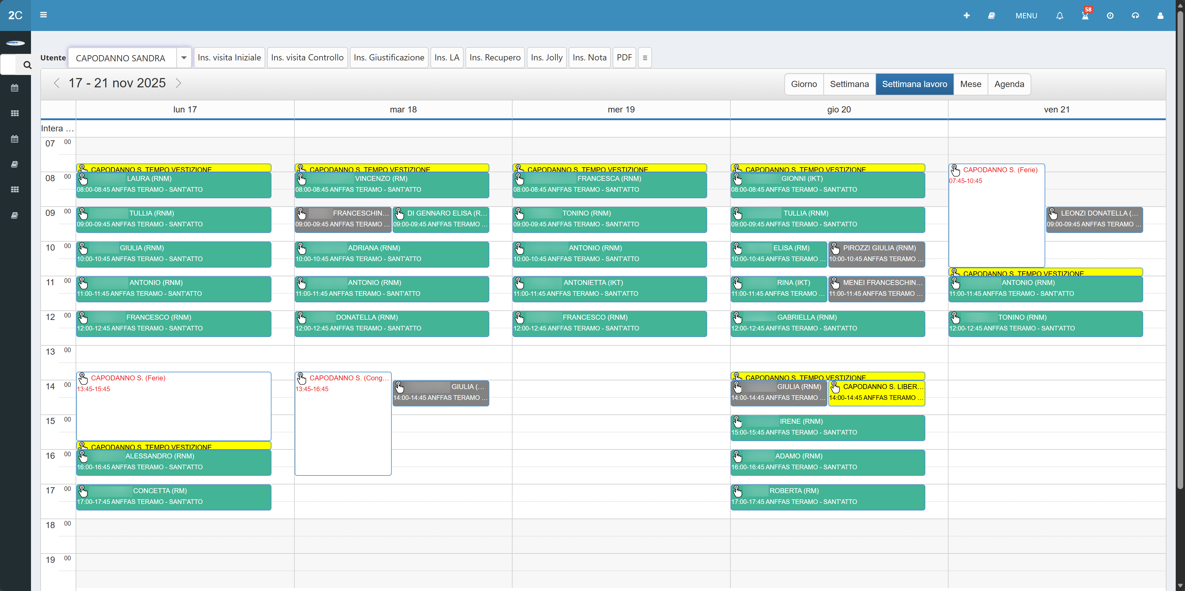 Agenda settimanale degli appuntamenti in 2CareStudio